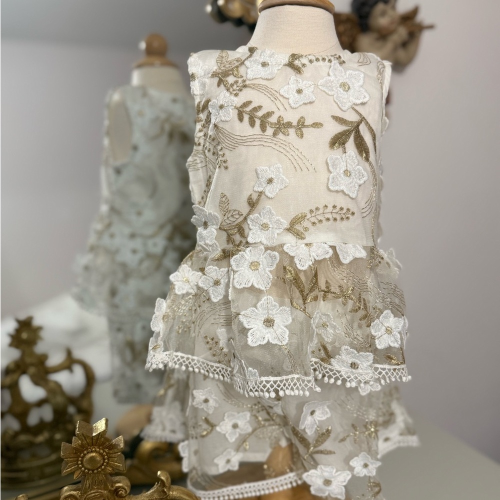 Floral Lace Baby Dress with Gold Accents